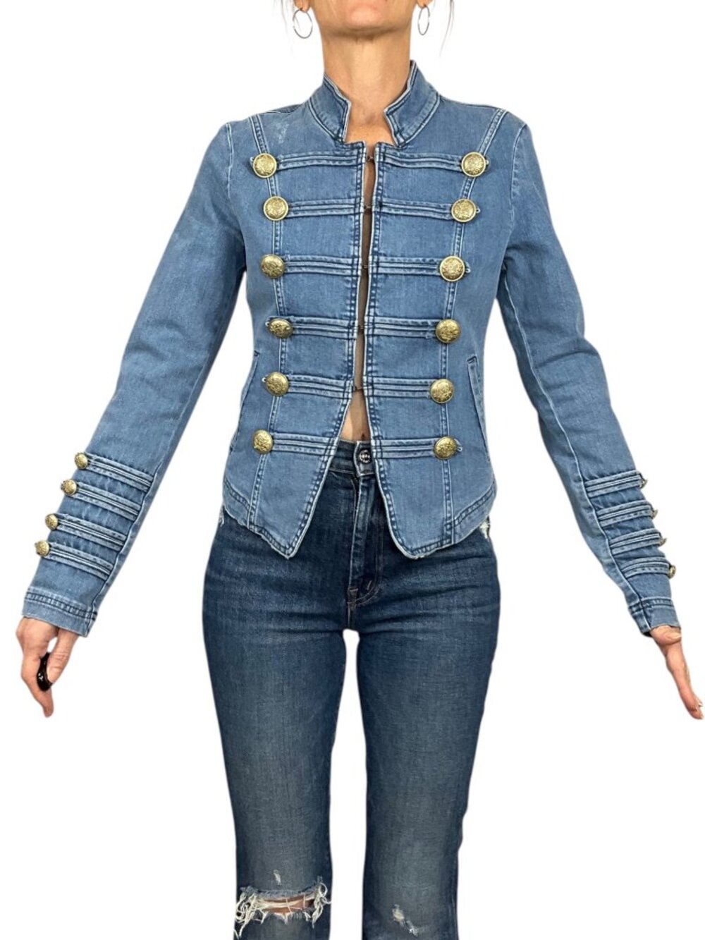 Free People Fitted Military Denim Jacket S Blue Cropped - Picture 2 of 16
